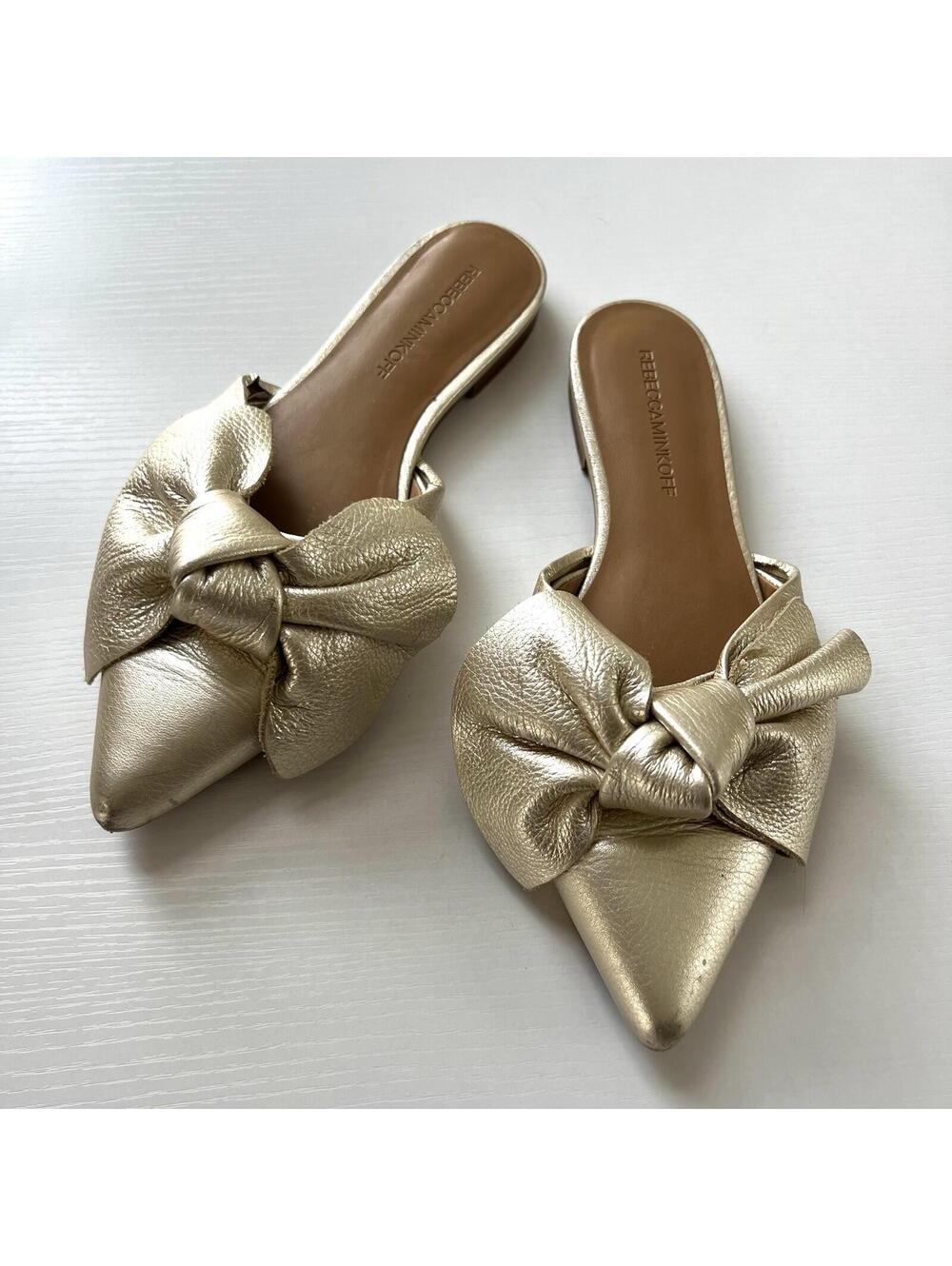 Rebecca Minkoff Gold Leather Bow Mules Size 7M Pointed Toe Flat Slides Metallic